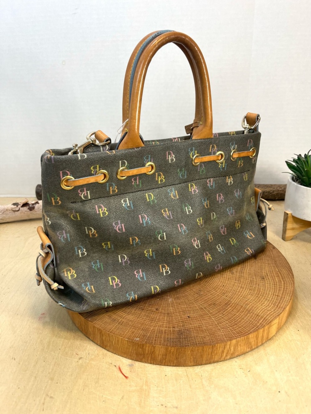 Vintage Dooney & Bourke All Weather Leather Satchel Brown Tan Brass Duck Fob - Picture 6 of 16